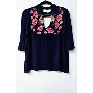 BLUE RAIN Blue Floral Embroidered 3/4 Sleeve Back Button Up Women Shirt (S)